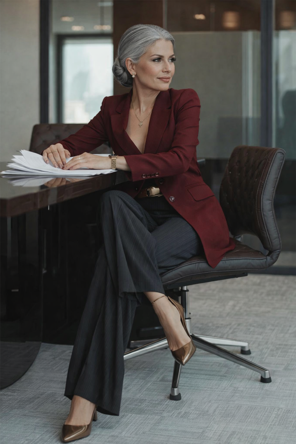 Professional woman reviewing financial documents at a desk, representing leadership and financial decision making.