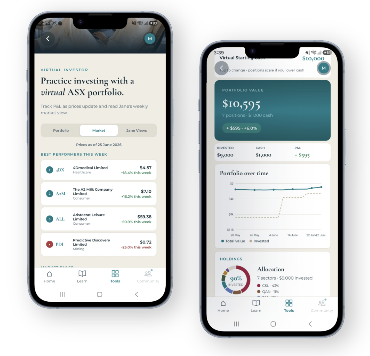 Money by Jane Virtual Investor showing a practice portfolio, performance and holdings