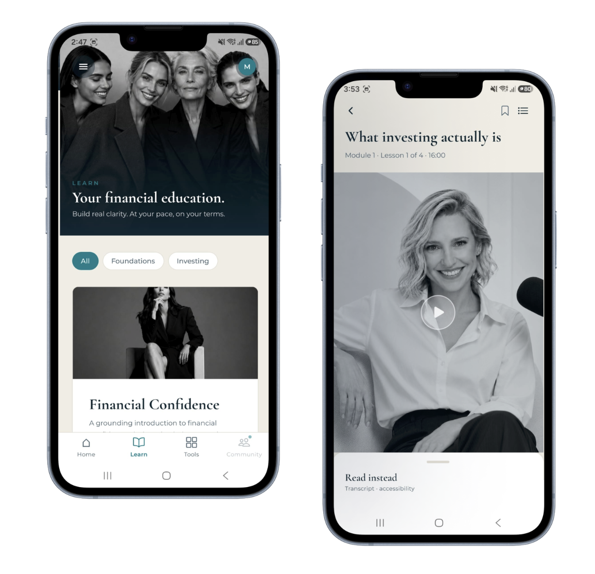 Money by Jane app showing financial education courses and video lessons