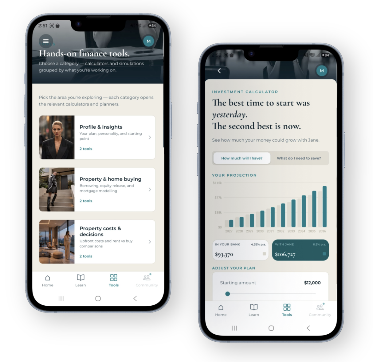 Money by Jane app showing financial tools and investment calculators