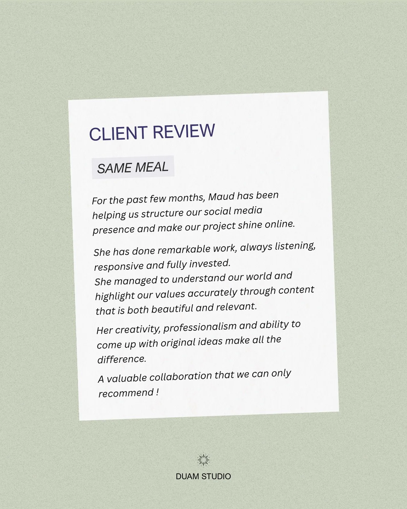 ✨ Client Testimonial ✨

For several months now, I&rsquo;ve been supporting SAME MEAL in structuring their social media strategy and creating content that embodies their values. 

The result : a clearer, more consistent &mdash; and more impactful onli