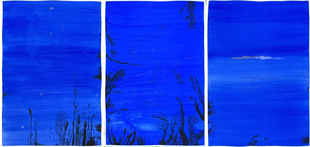 Big Blue 1,2 y 3. Tríptico (2023-24) | Gouache sobre papel Arches 350 gr. | 95 x 65 cm c/u. Medida total: 95 x 200 cm