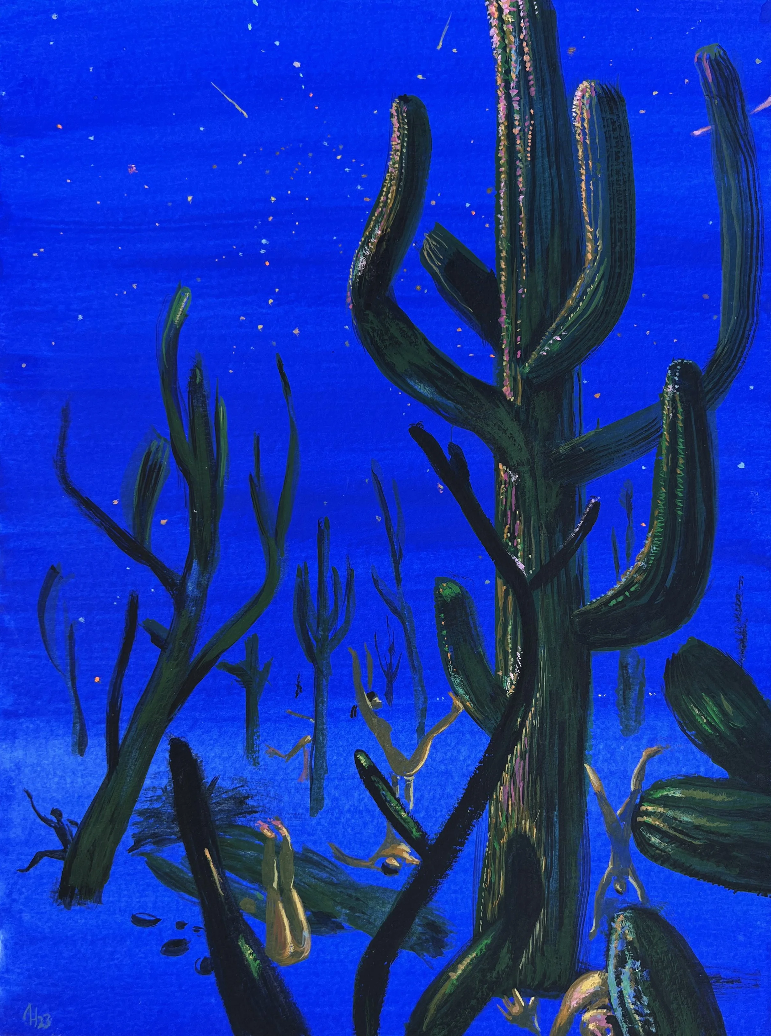 Danzantes y cactus (2023) | Gouache sobre papel Canson 300 gr. | 28,2 x 20,9 cm