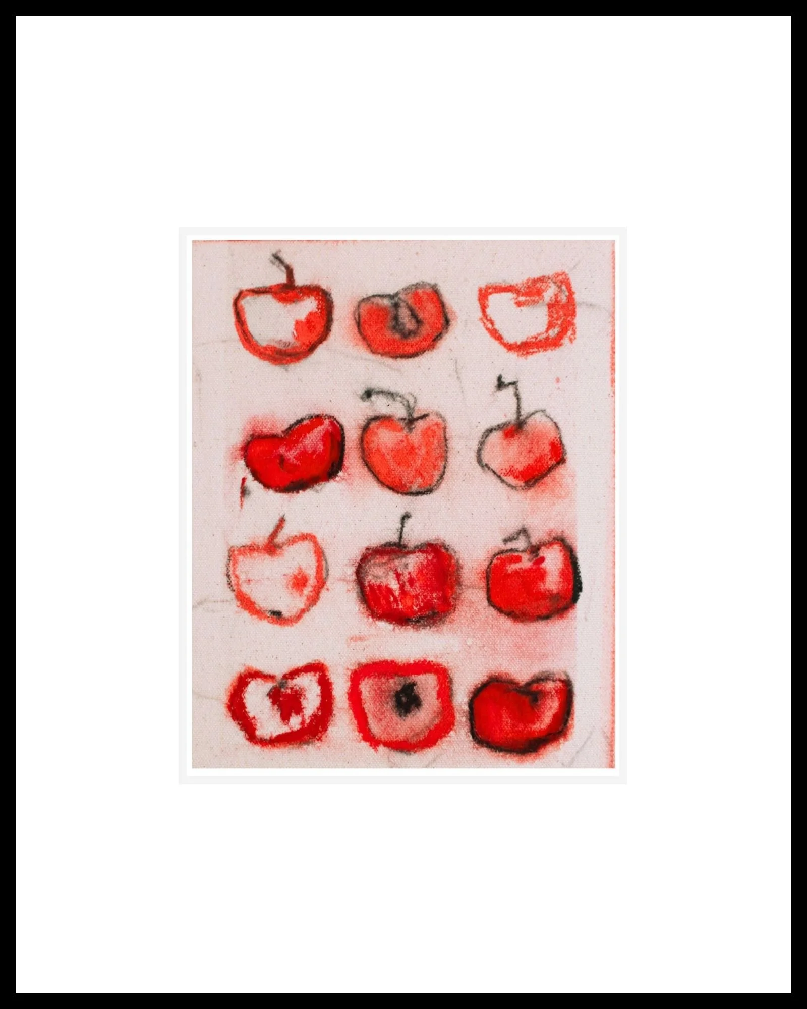 Sketches and watercolor paintings of cherries in different styles and shades of red.