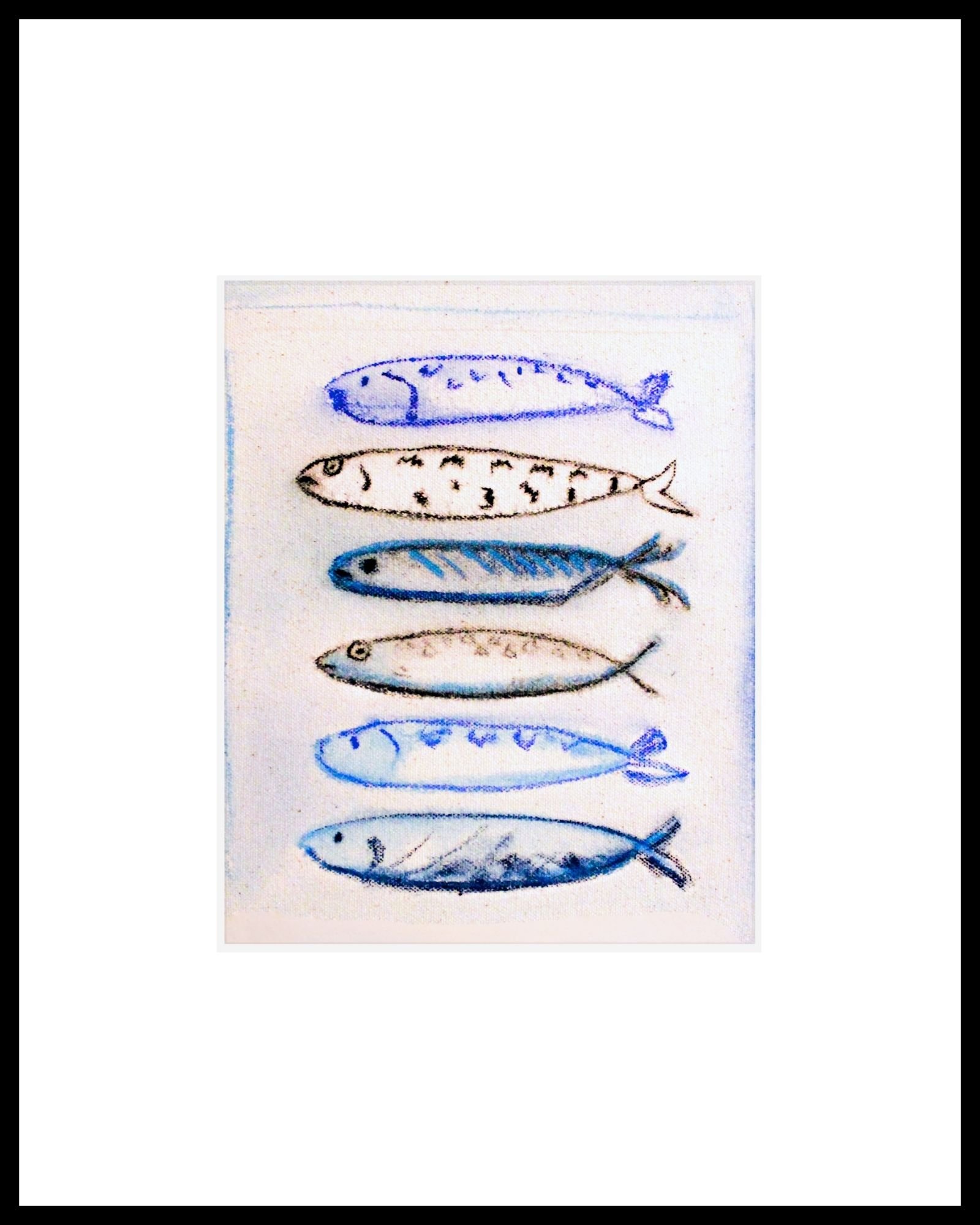 A sketch of seven different fish, each drawn with different colors and patterns, arranged vertically on a white background.