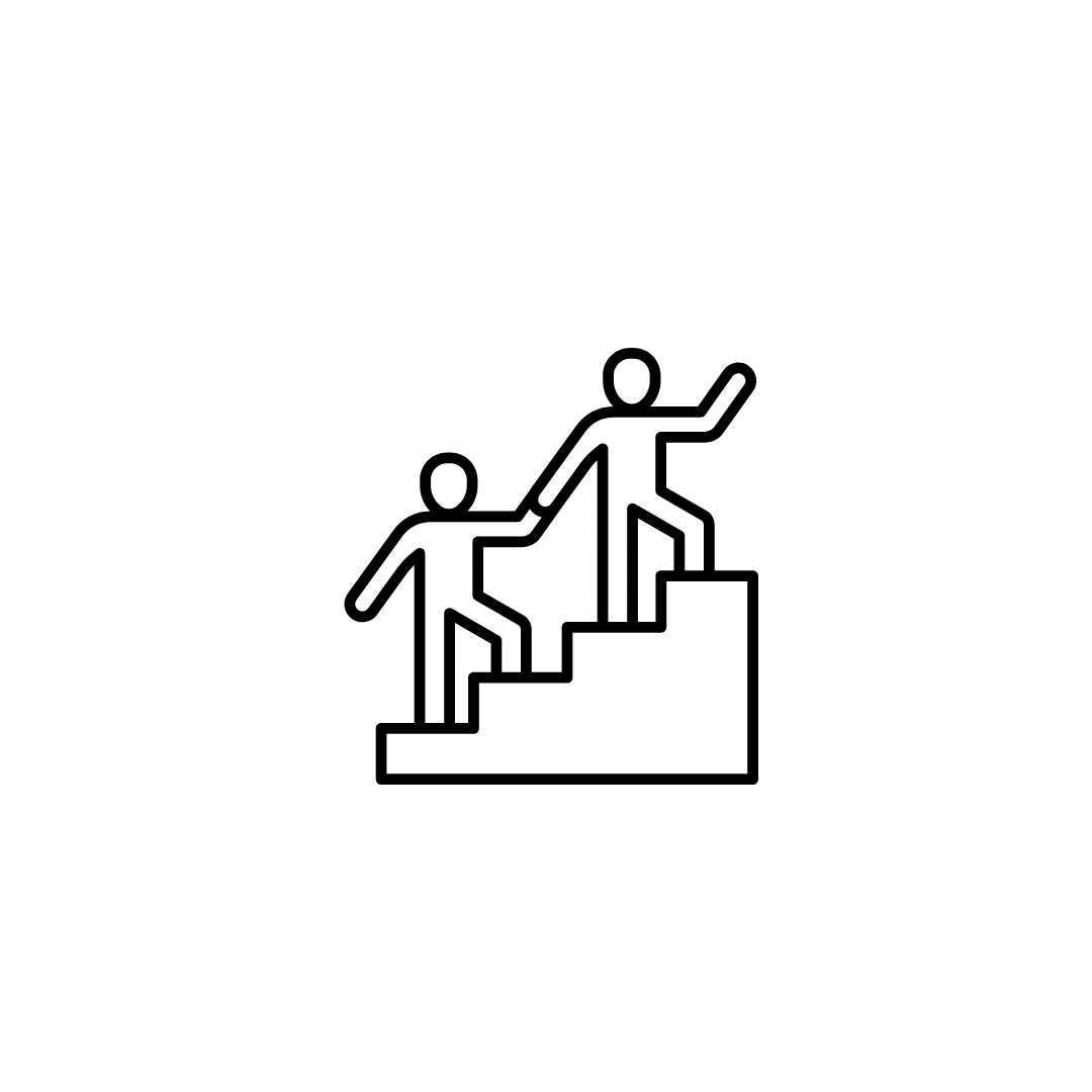 Line drawing of two stick figures helping each other climb stairs, symbolizing assistance or teamwork.