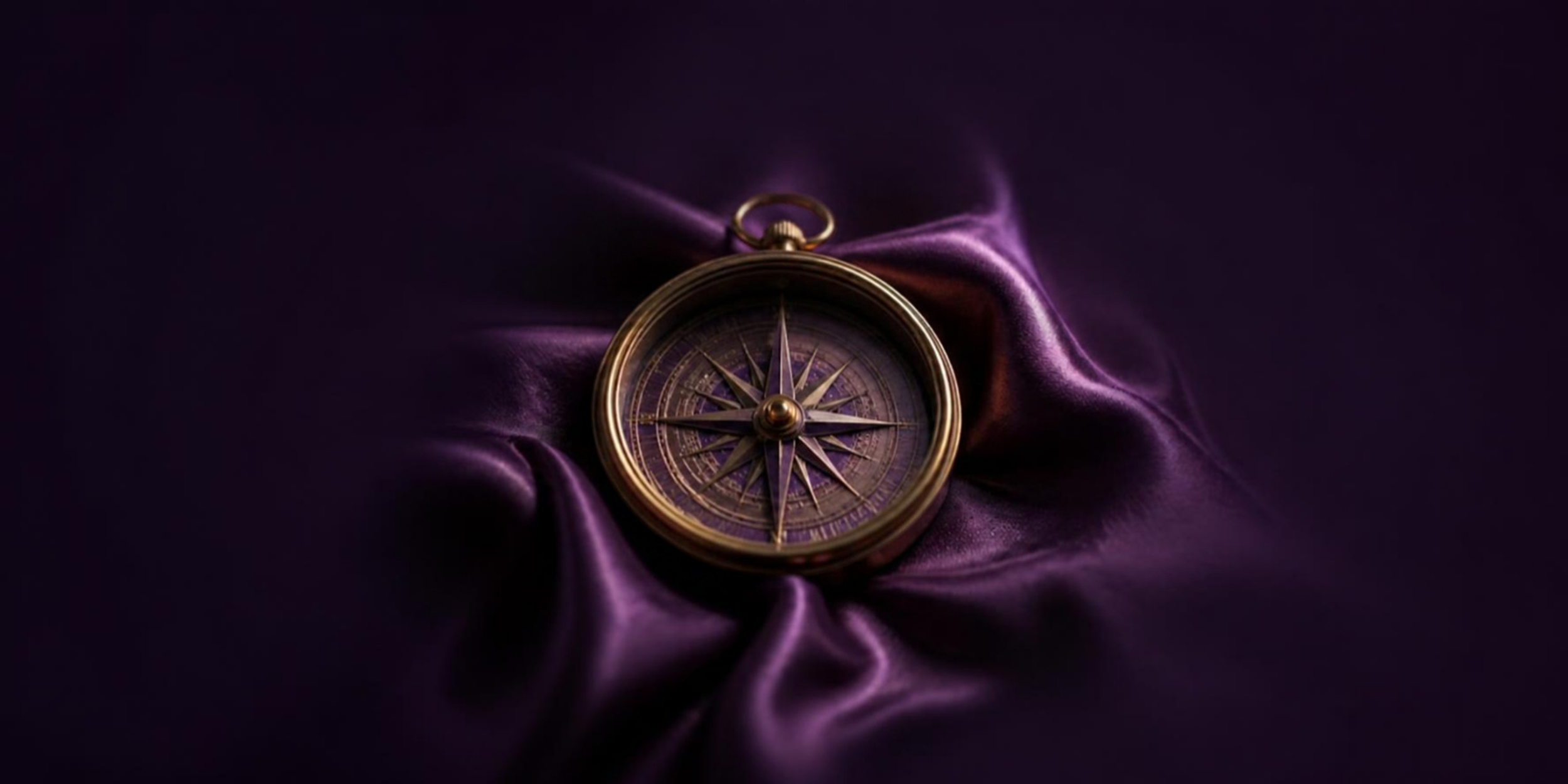 Brass compass resting on purple silk, representing clarity and direction