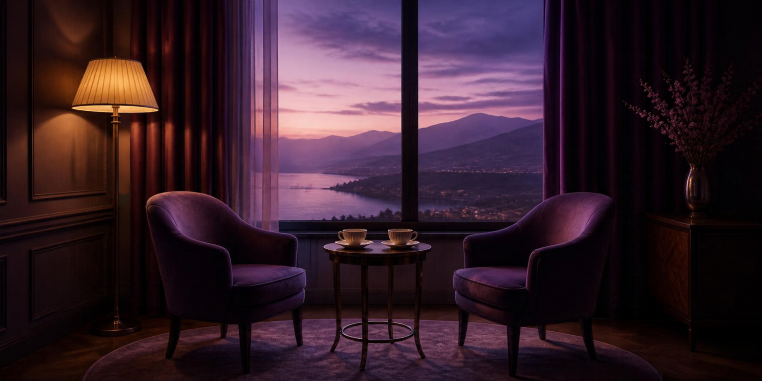 A cozy room with a large window showing a scenic view of mountains and a river at sunset. Two purple armchairs face each other with a small round table between them, holding two cups. There is a standing lamp on the left and a vase with purple flowers on the right.