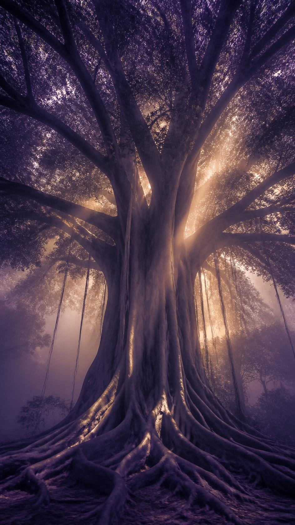 Ancient tree with sunlight streaming through its canopy and deep roots, symbolizing grounding and growth