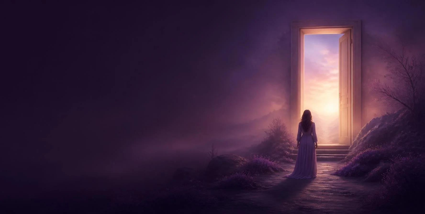 Woman standing before a glowing doorway at dusk, stepping toward a new chapter
