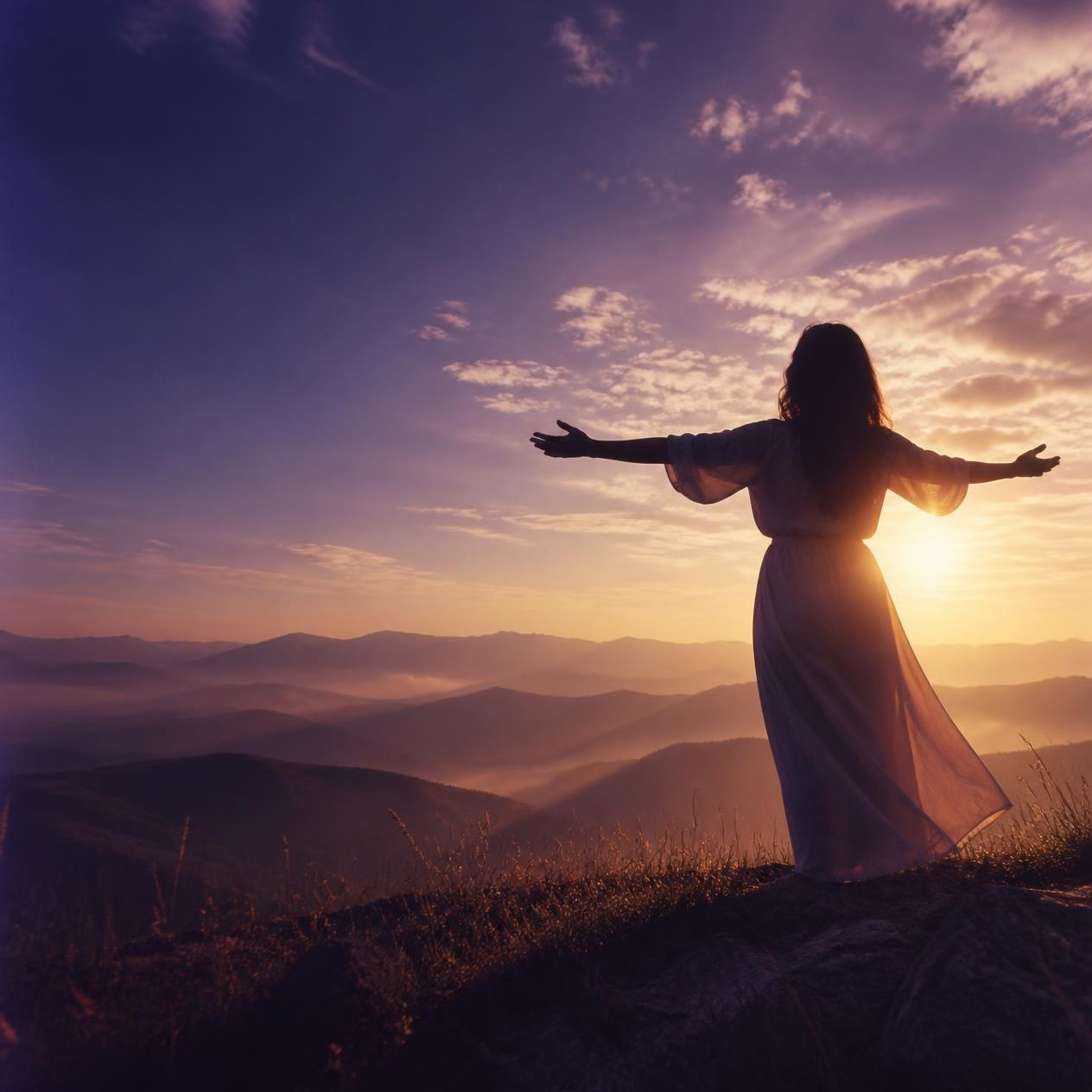 Woman with open arms on a hilltop at sunset, embracing freedom and a life on her own terms