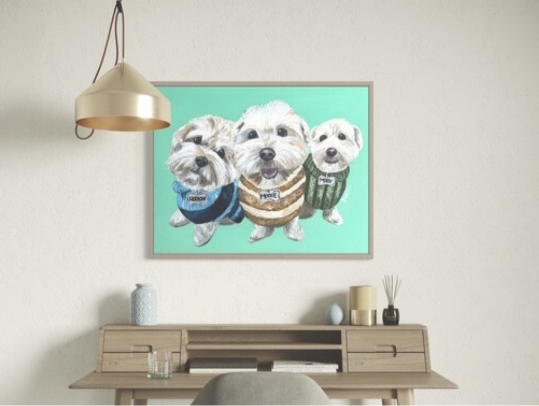 Pet portrait of three dogs by Australian artist, Laura Boatman of Art By Boaty