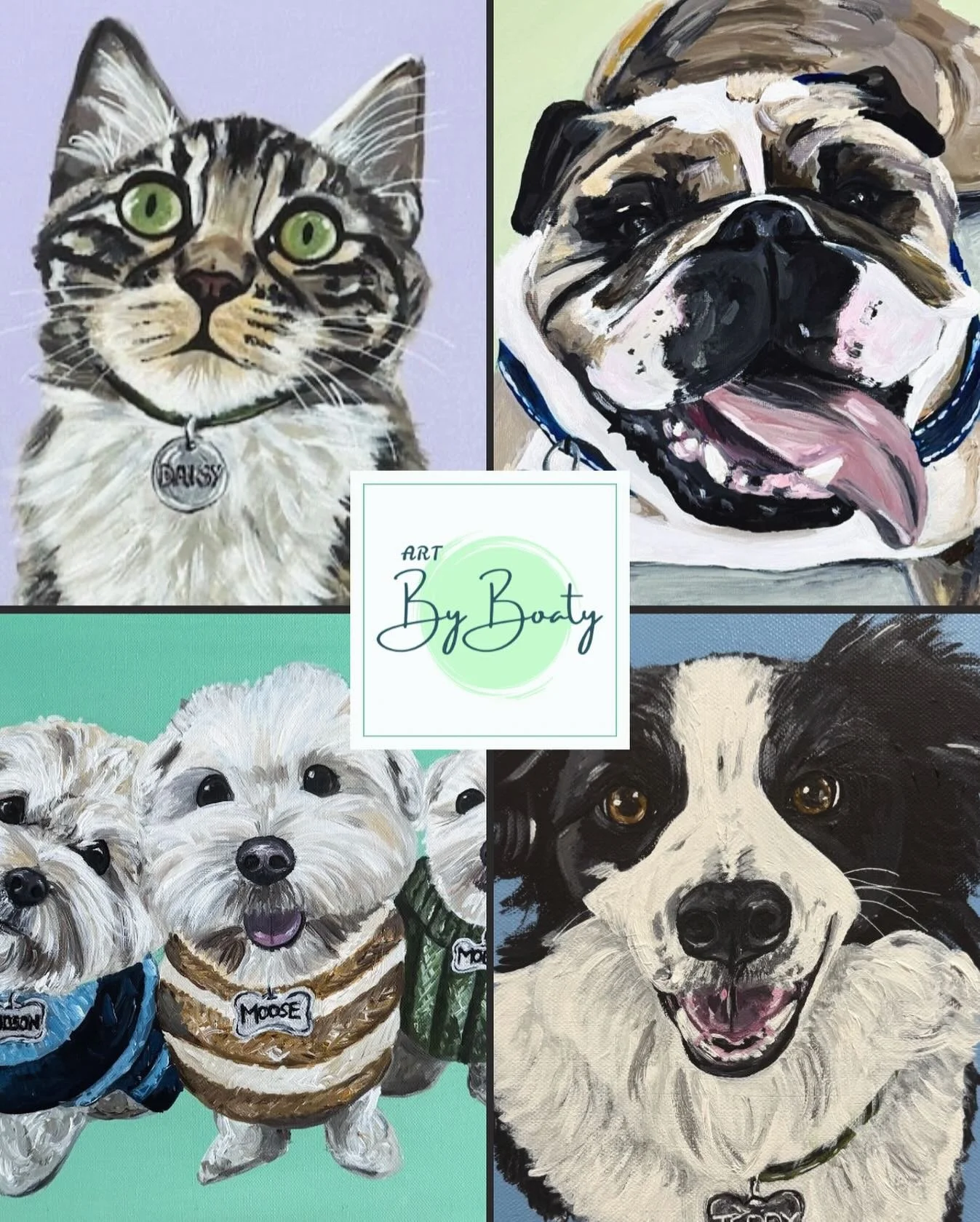 🐾🎄I have a few spots left for Christmas pet portrait commissions!🎄🐾

Each colourful dog and cat portrait is hand-painted using premium acrylic on stretched Belgian linen canvas 🎨 

What&rsquo;s more, for every pet portrait sold I donate 10% to a