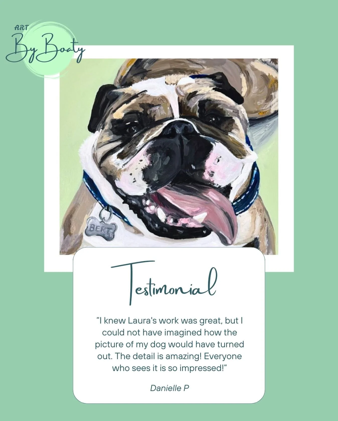 Client love 💚🐶

Bert The Bulldog ~ acrylic on canvas.

To order your own custom pet portrait, visit the link in bio 🔗

#testimonial #acrylicart #petportrait #dogportrait #bulldog #bulldogpainting #bulldogart #englishbulldog #englishbulldogart #eng