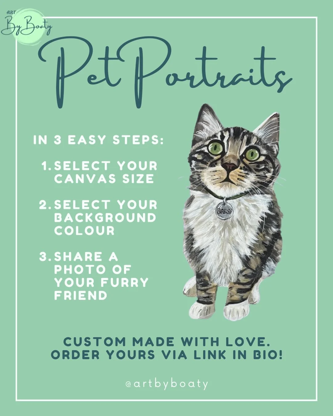🐾 2026 Pet Portraits Are Now Open 🐾

Celebrate your beloved furry companion with a one-of-a-kind, hand-painted portrait. 

Ordering is simple:

🖼️ Choose your canvas size
🎨 Select your background colour
📷 Upload a photo of your pet

Each artwork