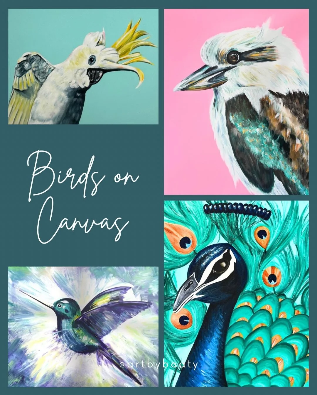 🕊️Birds on canvas🕊️

I always find myself drawn to painting birds and here are some of my favourites - the cockatoo, the kookaburra, the hummingbird and the peacock 🤍

Which bird is your favourite?👇

This year on my painting wish list is an owl, 