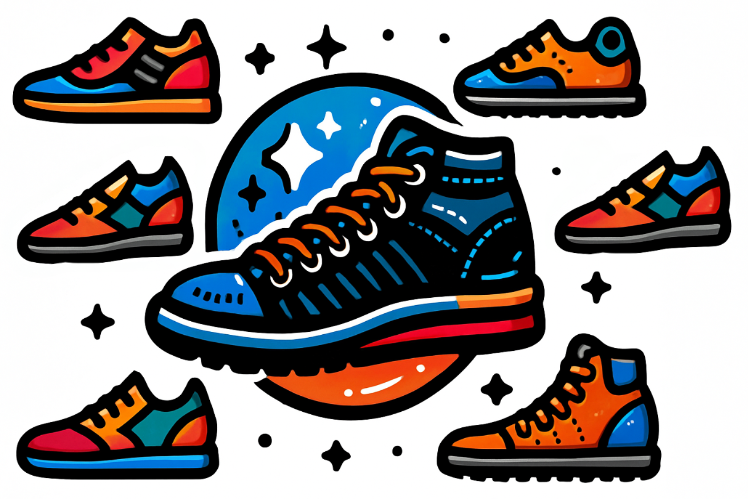 Stylized digital illustration of colorful sneakers in space theme, featuring a central large sneaker, surrounded by smaller sneakers and stars, set against a white background.