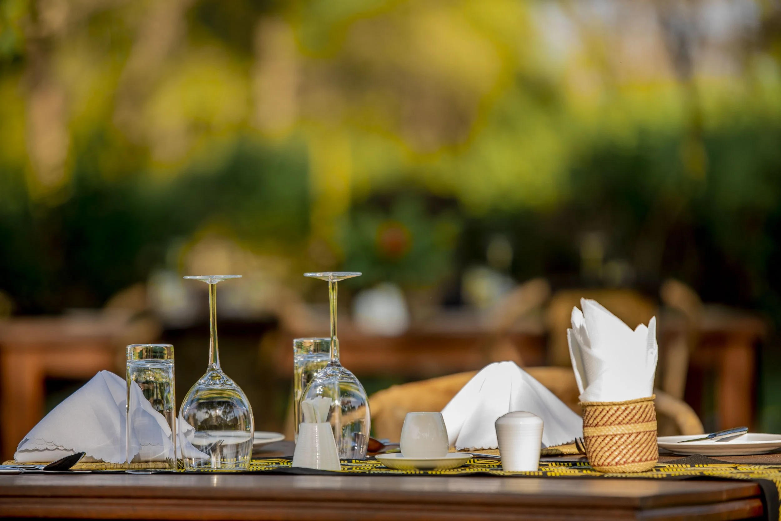 Photo of an outdoor dining table set with glassware, white napkins, and a decorative napkin holder, with a blurred natural background.
