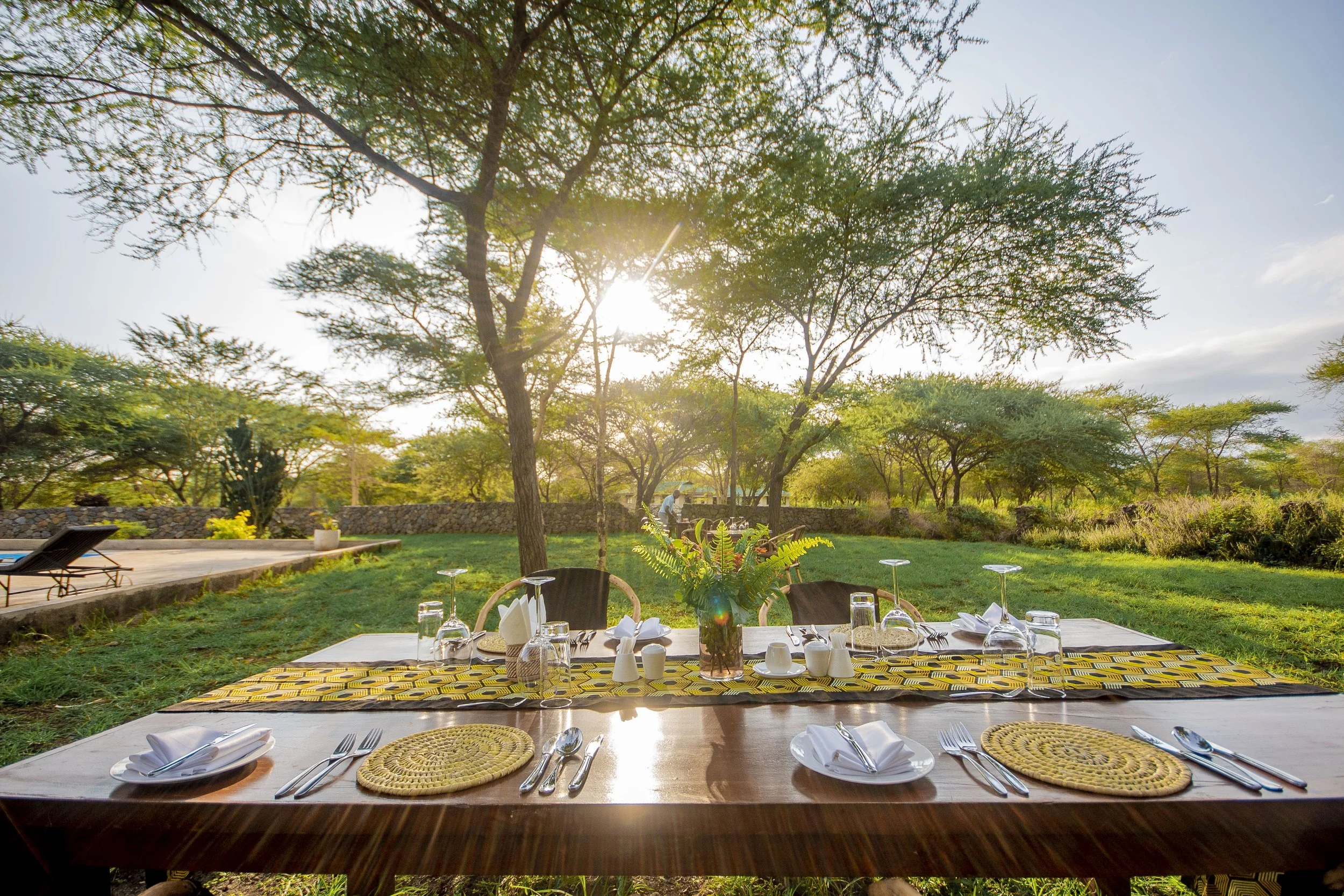 An outdoor dining table set for a meal in a lush, green garden with trees and sunlight in the background.