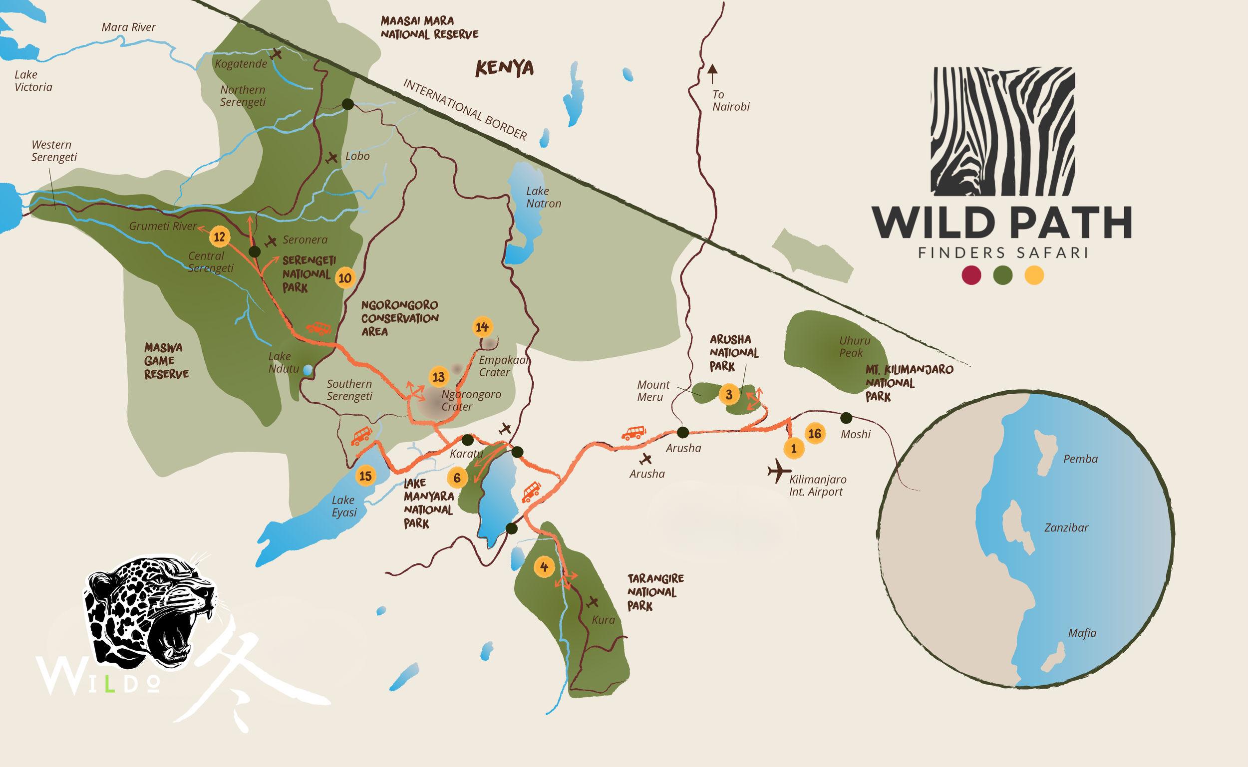 Map of Kenya highlighting various national parks, reserves, and safari routes, with locations like Maasai Mara, Amboseli, Tsavo, Lake Naivasha, Lake Nakuru, and Mount Kilimanjaro. Also includes neighboring countries and the Zanzibar archipelago.