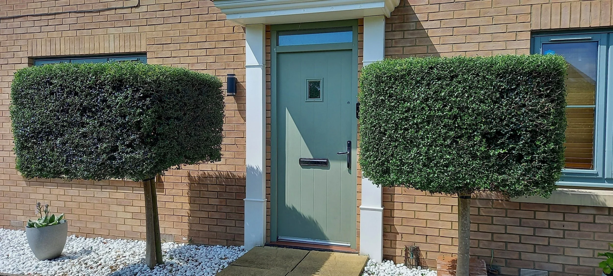 Two trees trimmed into topiary framing the entrance to this home.