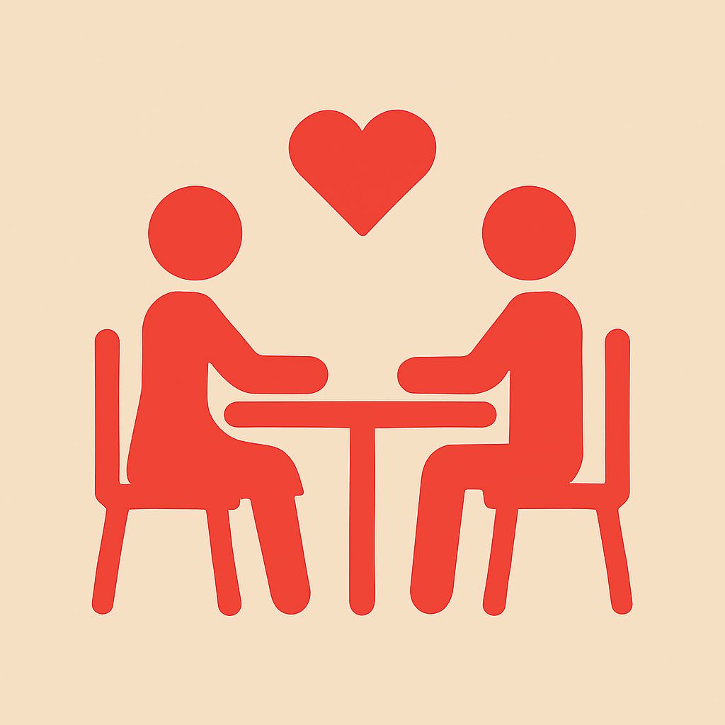 Twee gestileerde mensen zitten aan een tafel met een rood hart tussen hen.