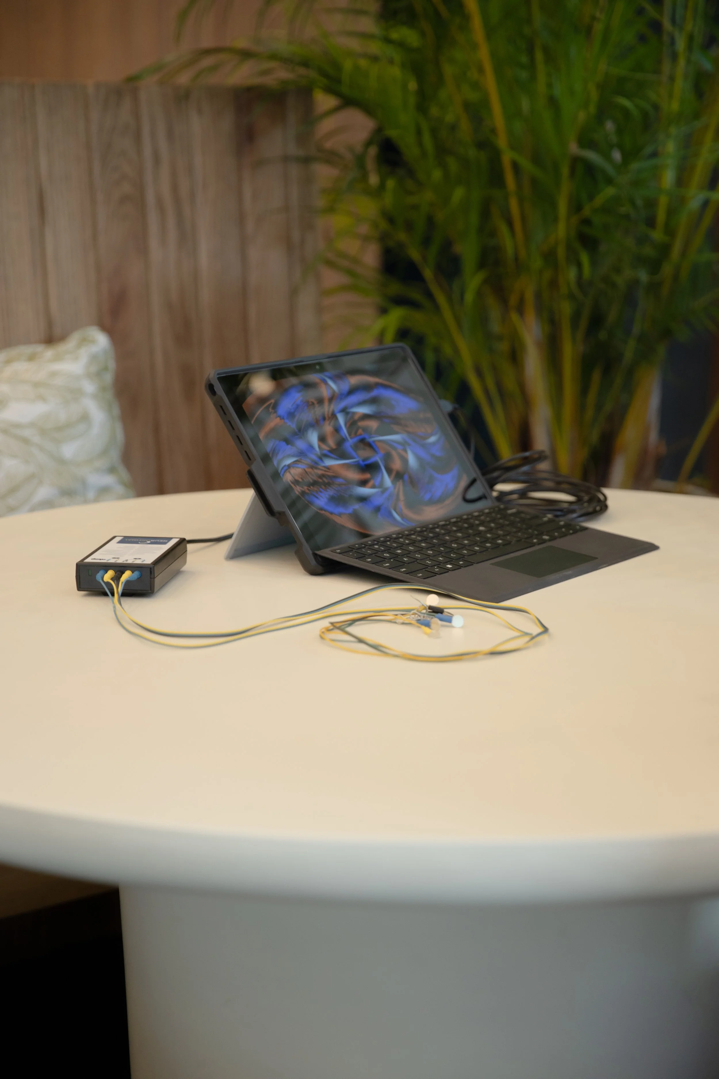 Table with a tablet connected to an external device and earphones, with a plant and wooden wall in the background.