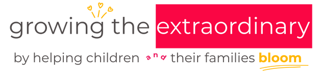 Logo with text 'growing the extraordinary by helping children grow their families bloom' with decorative elements.