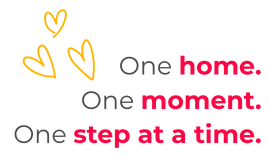 Text with yellow heart illustrations: 'One home. One moment. One step at a time.' in black and pink font.