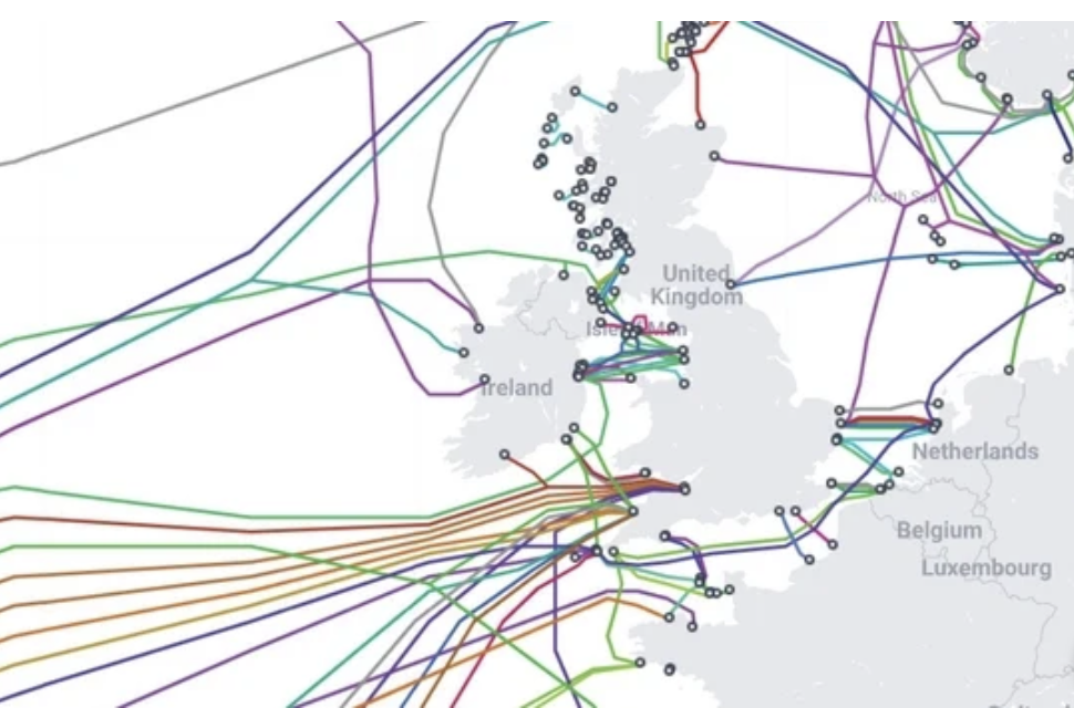 Map of Europe showing various colored train or rail lines connecting different countries and cities.