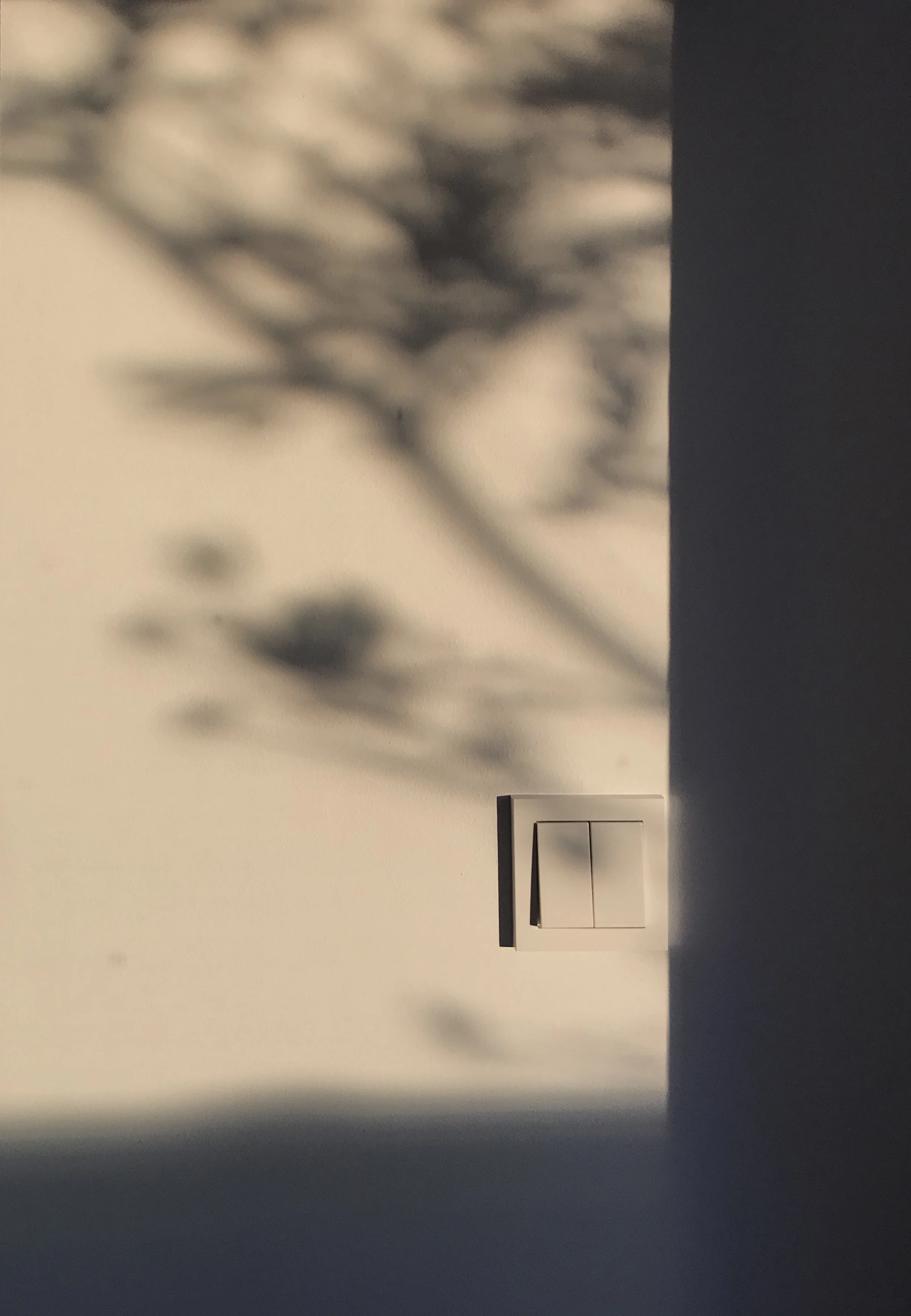 A white wall with a square light switch. The wall has a modern, minimalistic design with no other decorations or objects visible.