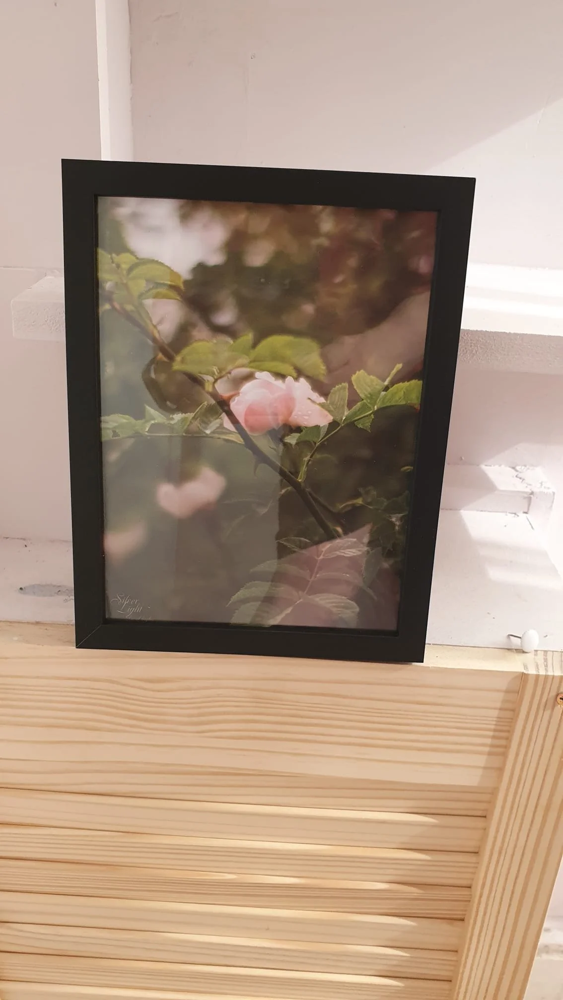 Framed photograph of pink flowers and green leaves leaning against a white brick wall on a wooden surface.