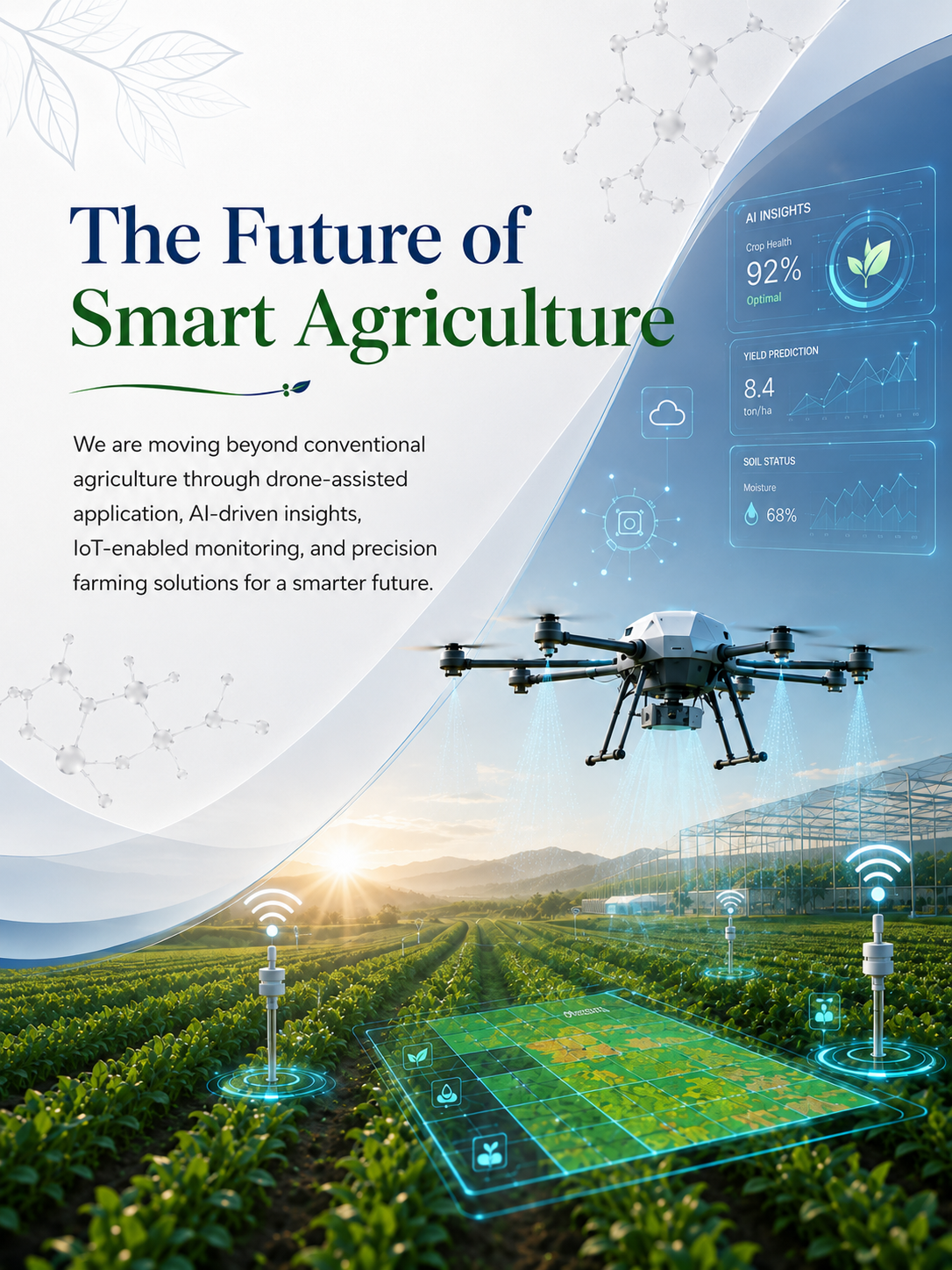 A drone flying over a field with digital overlay graphics showing crop health, yield prediction, and soil moisture, representing smart agriculture technology.