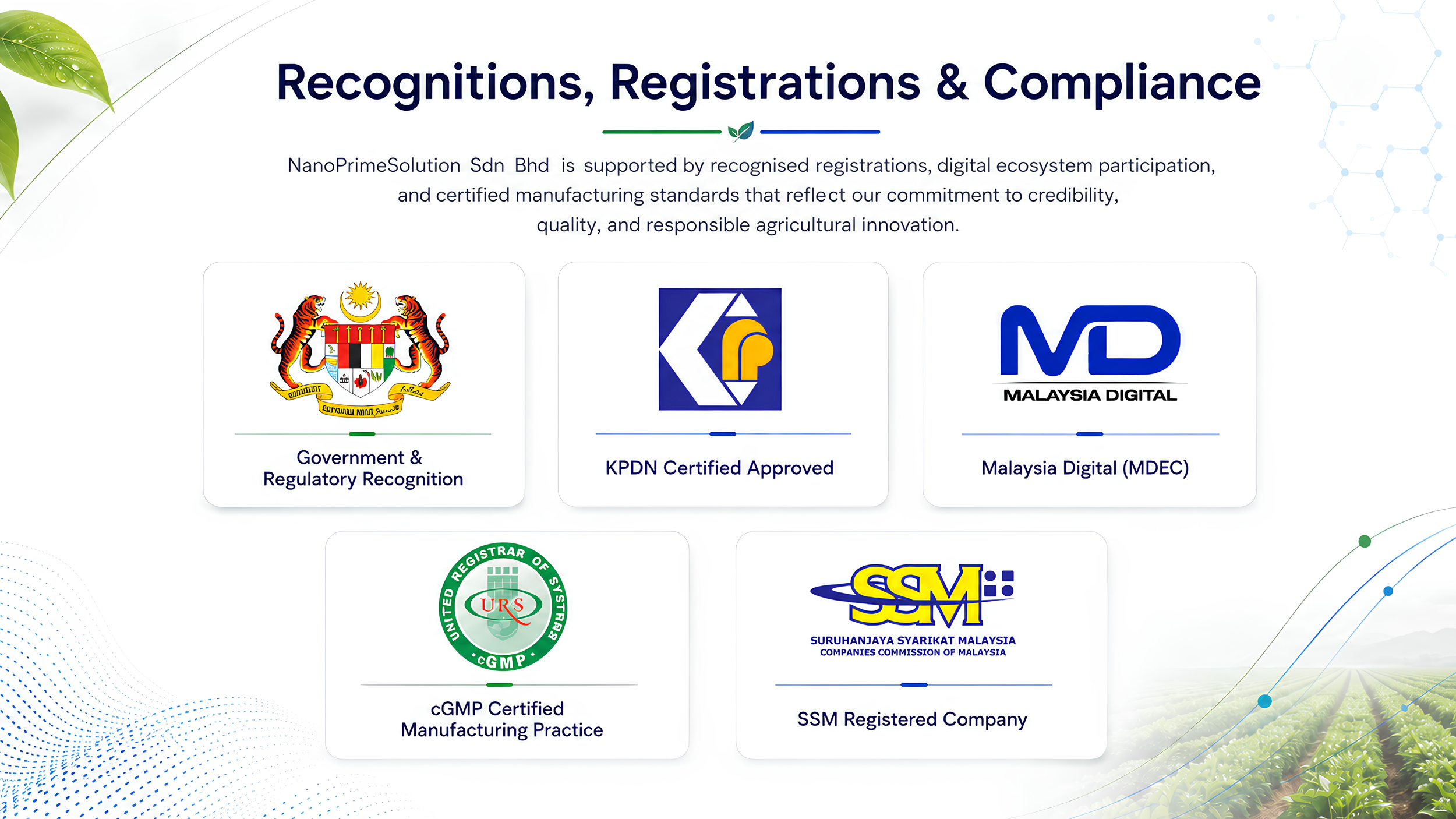 Recognition, Registrations & Compliance page showing certificates and recognition logos for government, regulatory approval, digital certification, and company registration, including Malaysian digital recognition, KPDN certified, and ISO certifications.