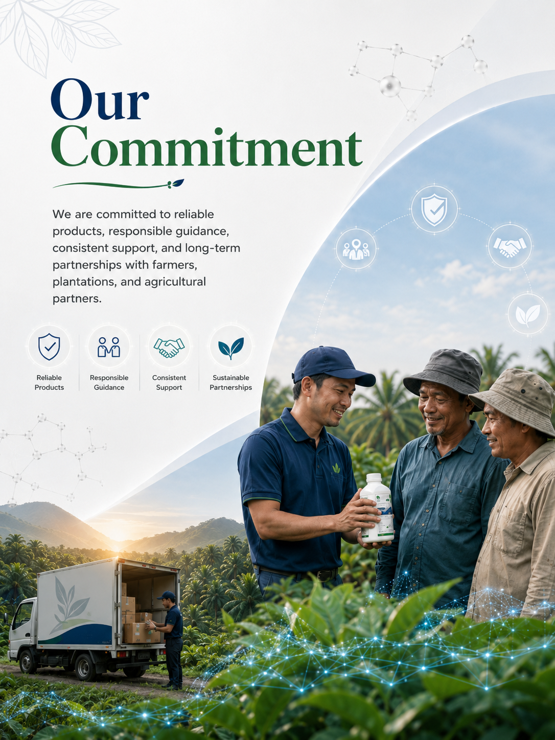 A promotional poster with the title 'Our Commitment' showing a group of farmers in a field discussing while a delivery truck unloads supplies. The poster emphasizes reliable products, responsible guidance, consistent support, and sustainable partnerships.