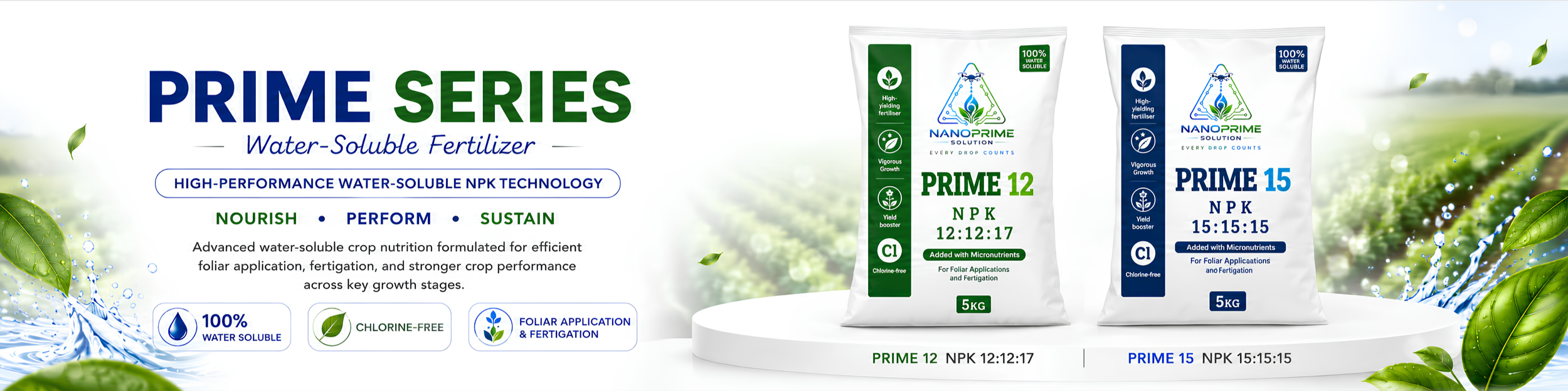 A promotional banner for PRIME SERIES water-soluble fertilizer showing two 5kg bags of fertilizer, PRIME 12 and PRIME 15, with a green and blue color scheme, water splash effects, and green leaves in the background.