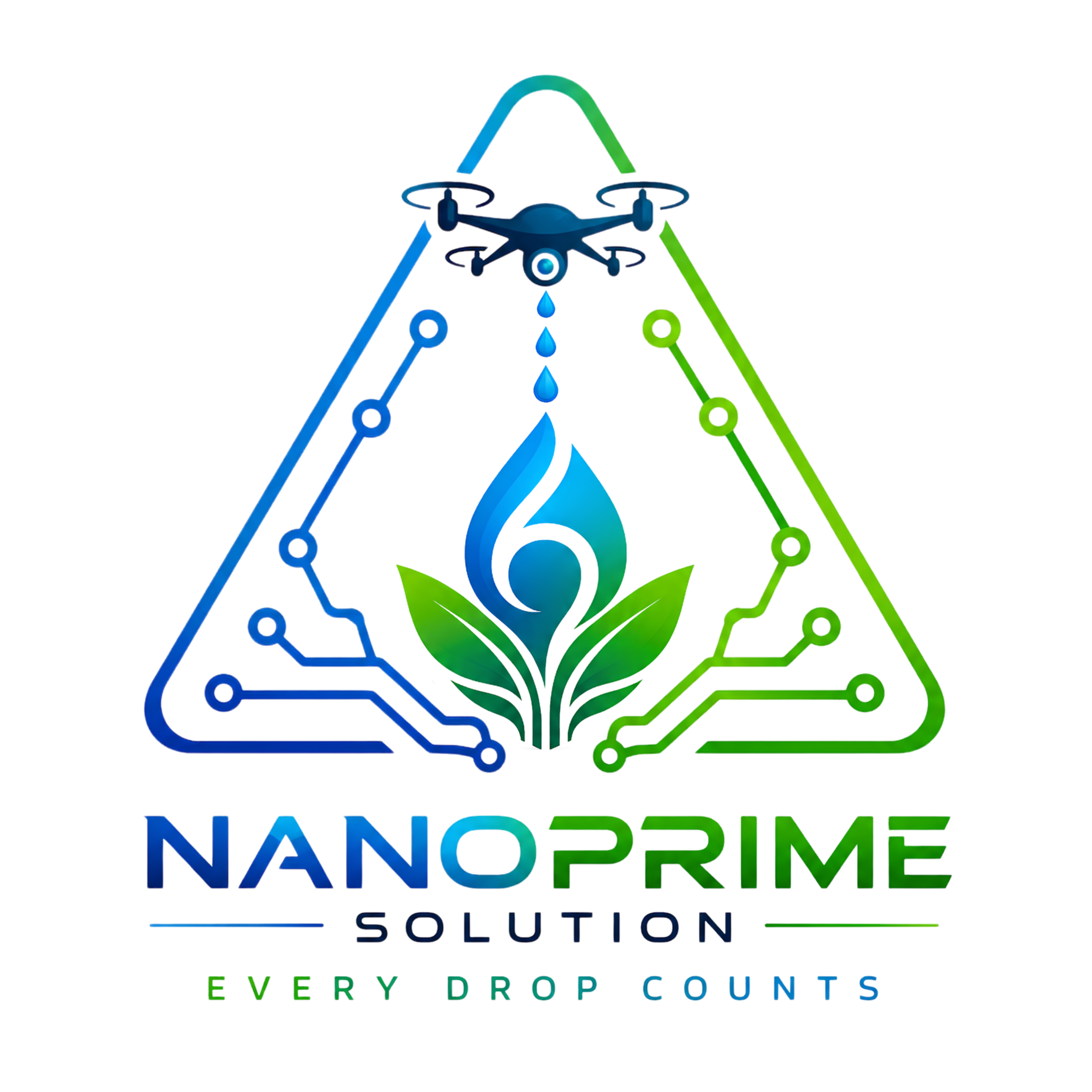 Logo for NanoPrime Solution featuring a stylized atom and leaf design, with the text "NANO PRIME SOLUTION" and tagline "EVERY DROP COUNTS."
