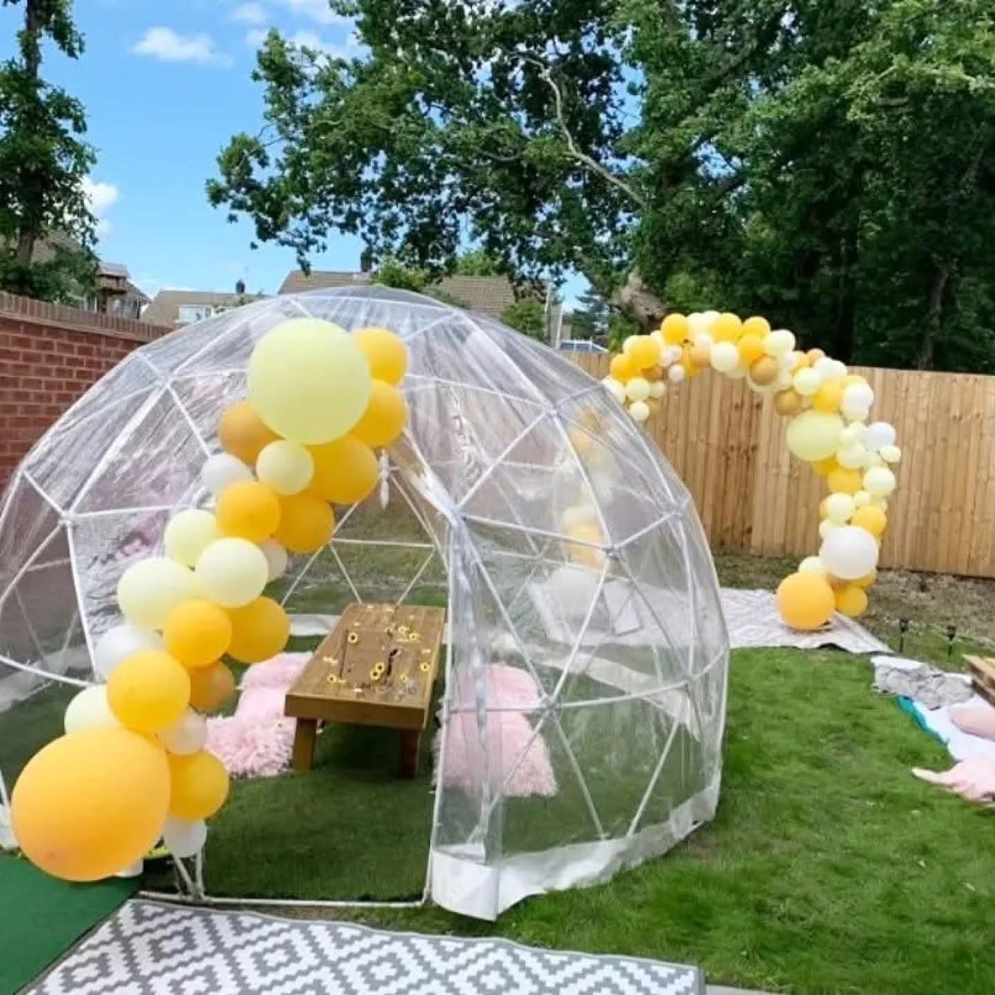 Decorative outdoor setup featuring a clear geodesic dome with yellow and white balloons, a balloon arch, set on a grassy backyard with a brick and wooden fence, trees, and houses in the background.