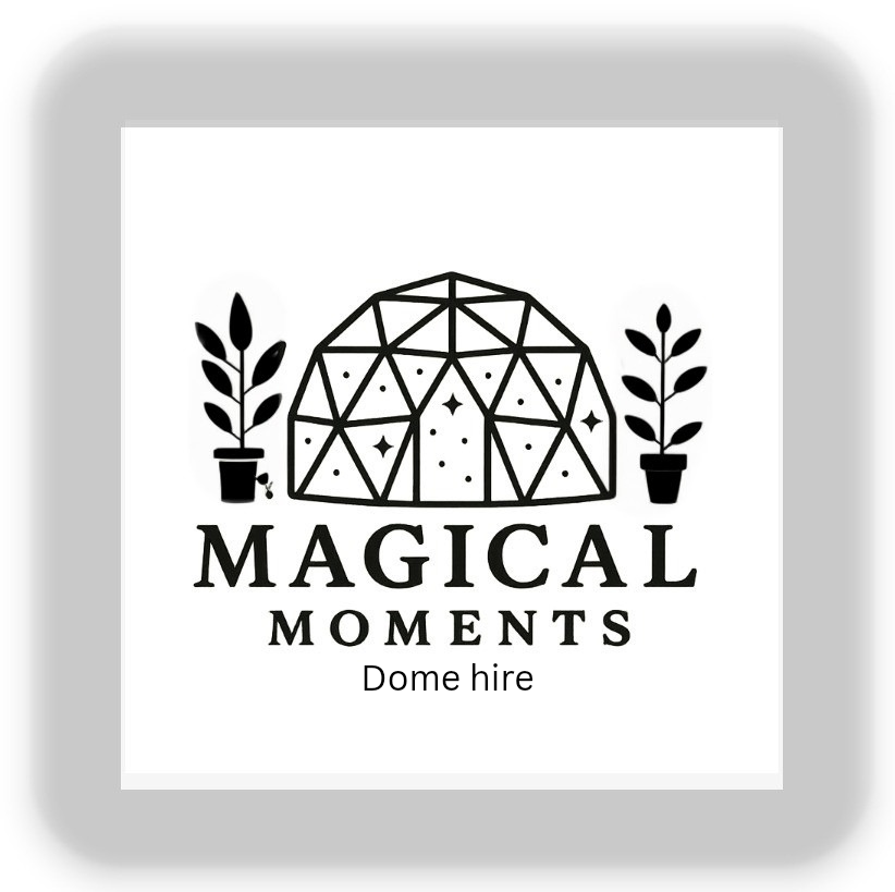 A logo featuring a geometric dome structure with two potted plants on either side, and the words "Magical Moments" and "Dome hire" below.