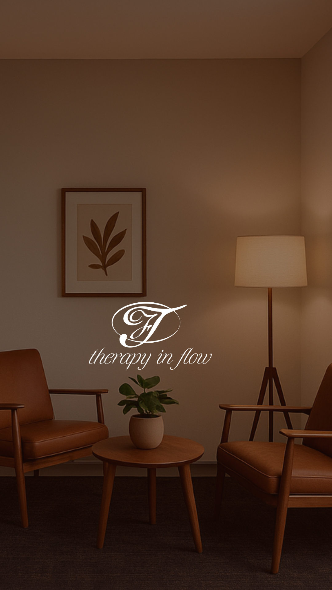 A cozy, warmly lit living room with two wooden armchairs, a small round table with a potted plant, a floor lamp, and minimalist artwork with the text 'therapy in flow' overlayed.