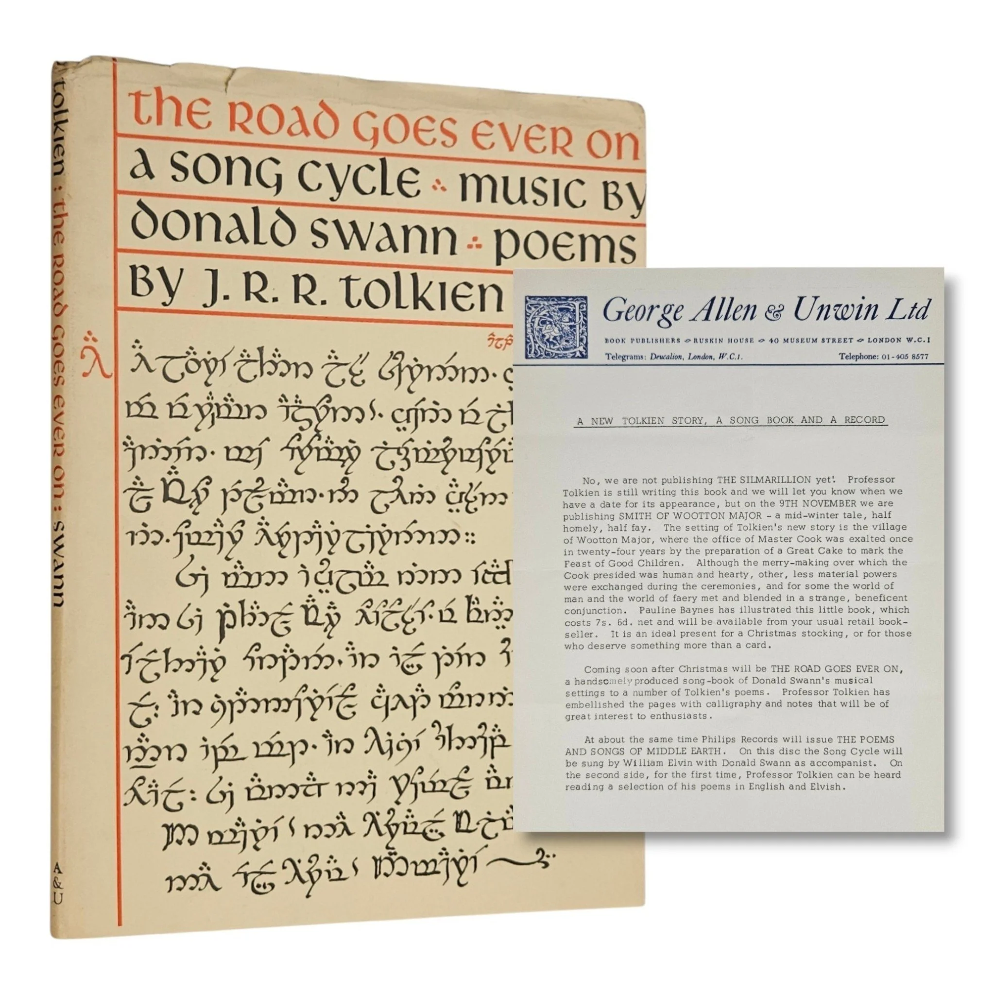 The Road Goes Ever On | Tolkien, J.R.R. & Swann, Donald | 1968 [1967?], pre-publication copy of the 1st British edition, bound in wrappers and in a proof dust jacket, one of two known copies...