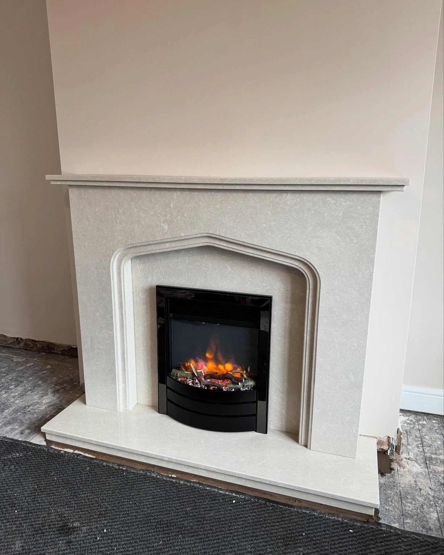 Fresh upgrade in progress! 🔥 Micro marble fireplace with a Charlton &amp; Jenrick electric fire installed today &mdash; carpet coming tomorrow to complete the cozy vibes. #HomeGoals #FireplaceGlow