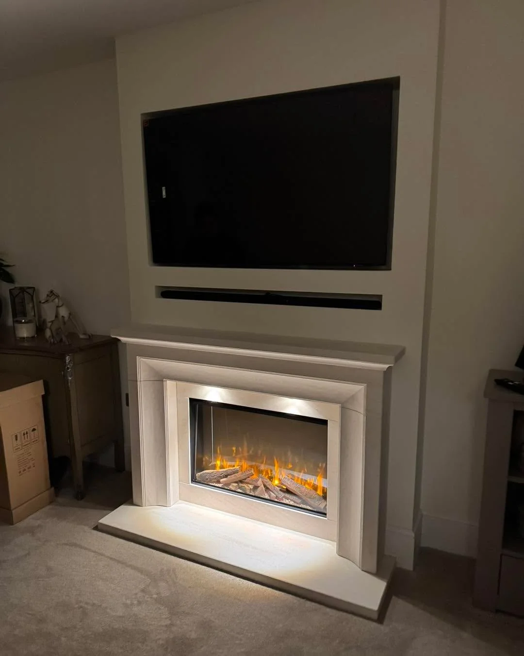 ✨ Another stunning install completed! ✨
False chimney breast built to perfectly house a 55&rdquo; TV and soundbar, fully plastered and now freshly painted for a flawless finish.

The Celsi DLX 750 is finally back in stock and looking incredible insid