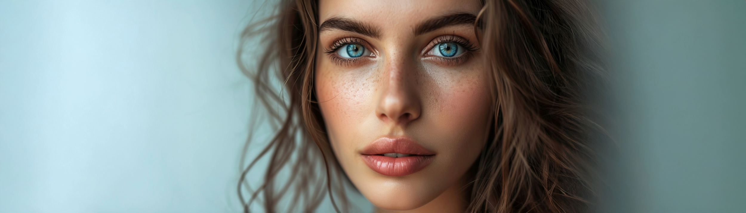 Close-up of woman's face at Bayleigh Med Spa with one-on-one personalized botox, dermal fillers, SkinPen micro needling and Hydrafacial treatments. Botox treated forehead, frown line and crow's feet.  Lip fillers resulting in fuller lips.