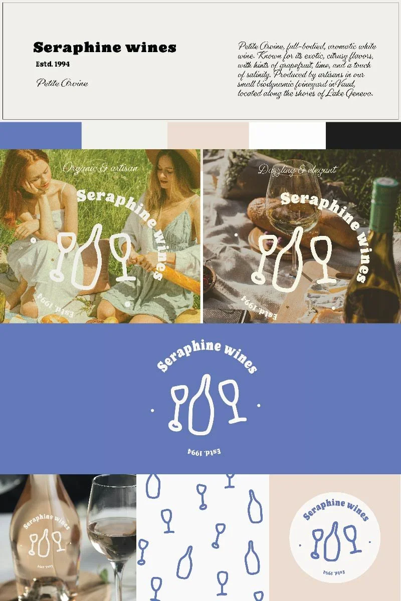 A collage of wine-related images and text, including a logo for Seraphine Wines and photos of women enjoying wine outdoors and a wine glass on a table.