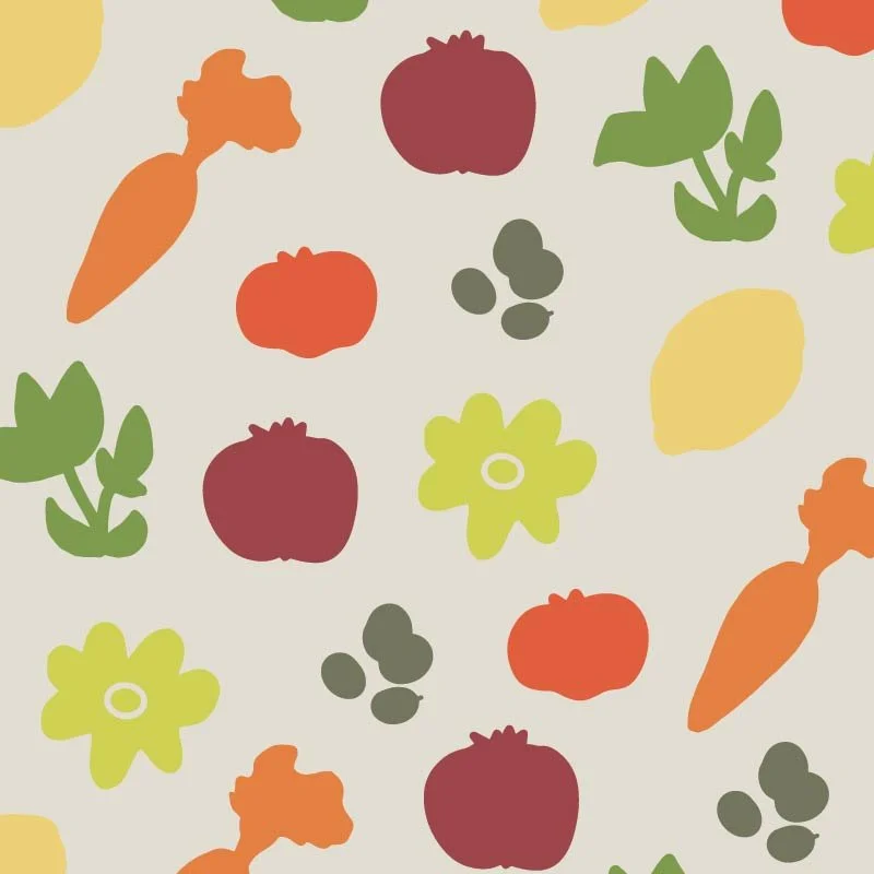 Pattern of various stylized vegetables and flowers in orange, green, yellow, and red on a beige background.