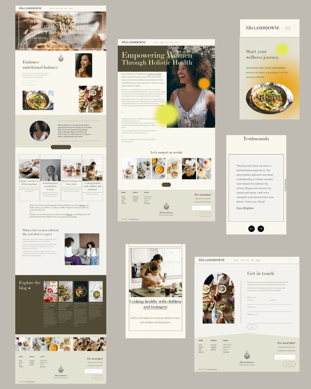 A collection of web page layouts for a health and wellness website focused on nutrition, holistic health, and cooking with children. The pages feature images of food, women, and families, with sections about nutrition, empowering women, wellness journeys, testimonials, and blog explore.