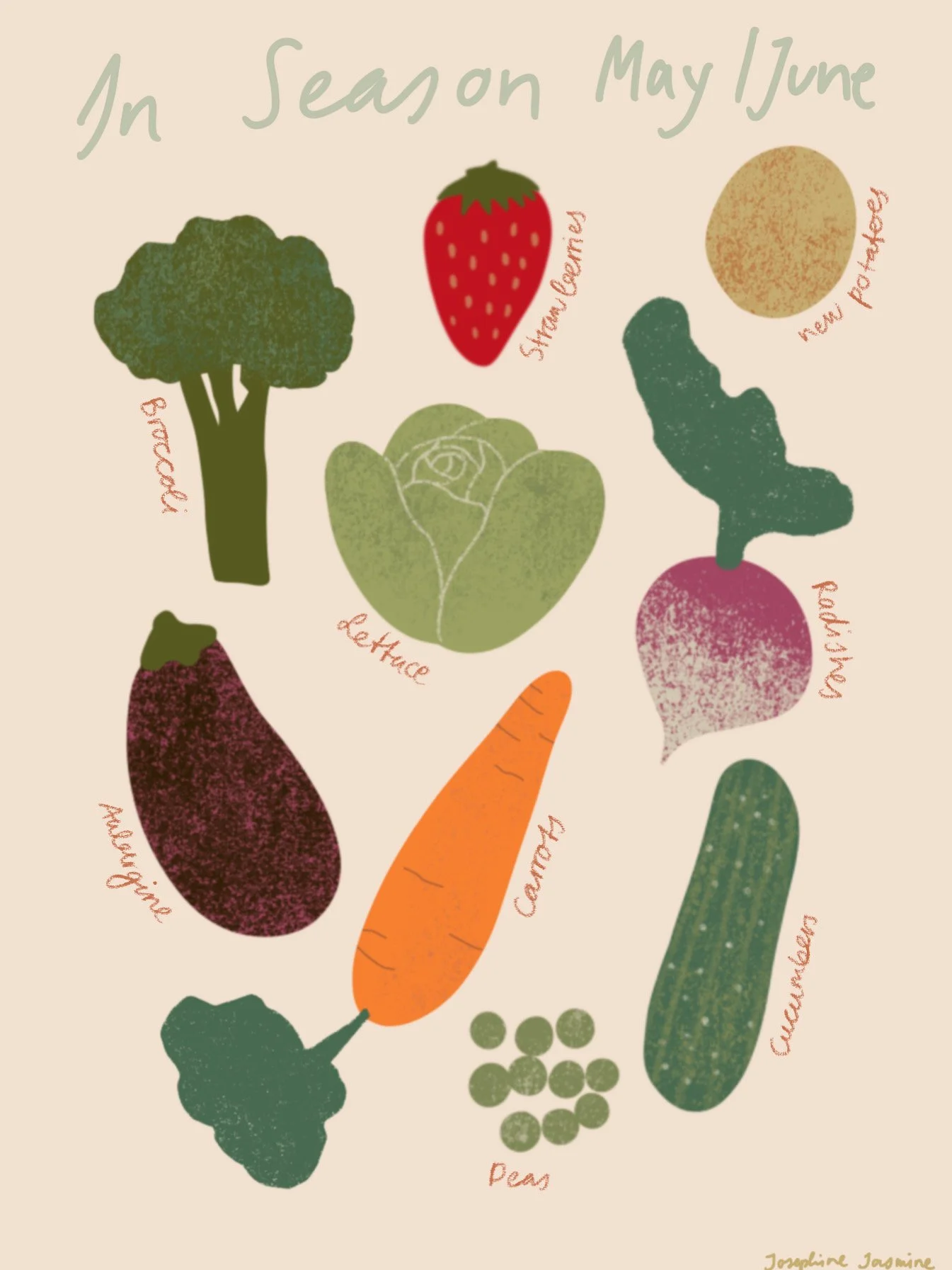 Illustration of vegetables and fruits with labels for May and June, including broccoli, strawberry, new potatoes, lettuce, radish, carrot, cucumber, pea, eggplant, and sweet potato.