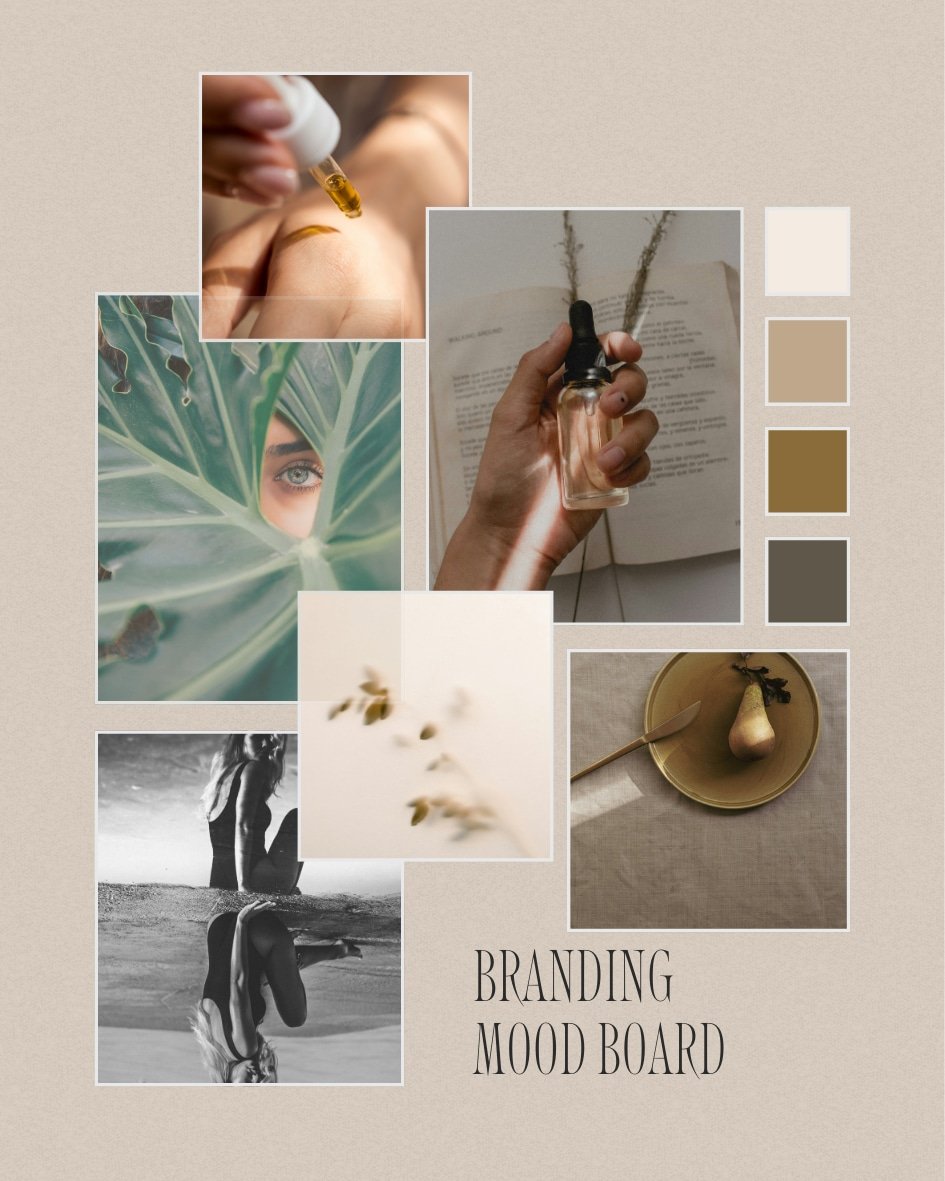 A branding mood board featuring photos of natural elements, a hand holding a perfume bottle, a person using a dropper on skin, a leaf with a piercing eye visible through it, a golden pear with a spoon, and an abstract image of flowing leaves. The mood board includes a color palette of white, beige, gold, and dark gray, with the text 'BRANDING MOOD BOARD' at the bottom right.
