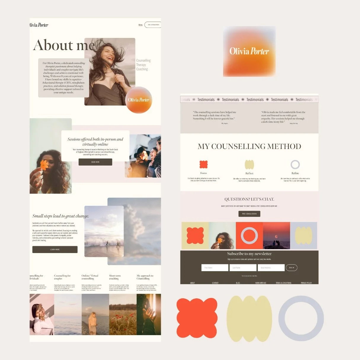 A website homepage for Olivia Porter, a counseling and therapy service, featuring a woman smiling, various sections about services offered both in-person and online, and a newsletter subscription form with abstract colorful shapes.